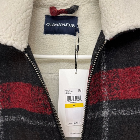 Calvin Klein Plaid Sherpa Jacket Wool Blend Chore Coat Women M Tango Red New - Picture 10 of 11